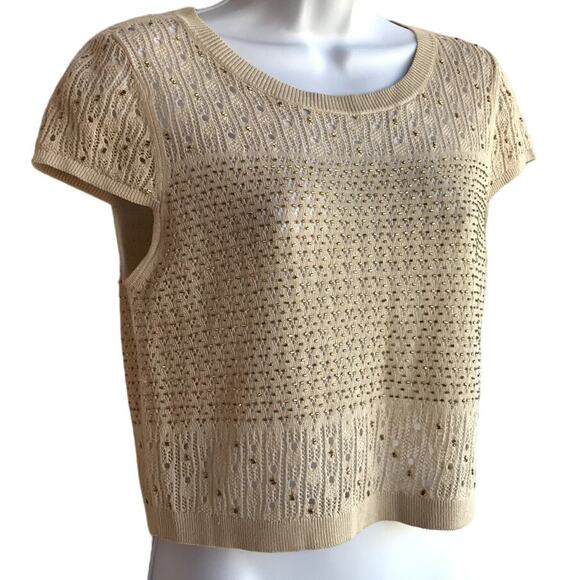 Alice + Olivia Linen Blend Pointelle Knit Beaded Cap Sleeve Cropped Sweater Top - Picture 5 of 9